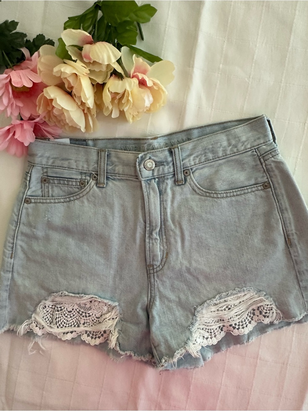 American Eagle Outfitters Light Blue Denim Shorts with Lace Trim
